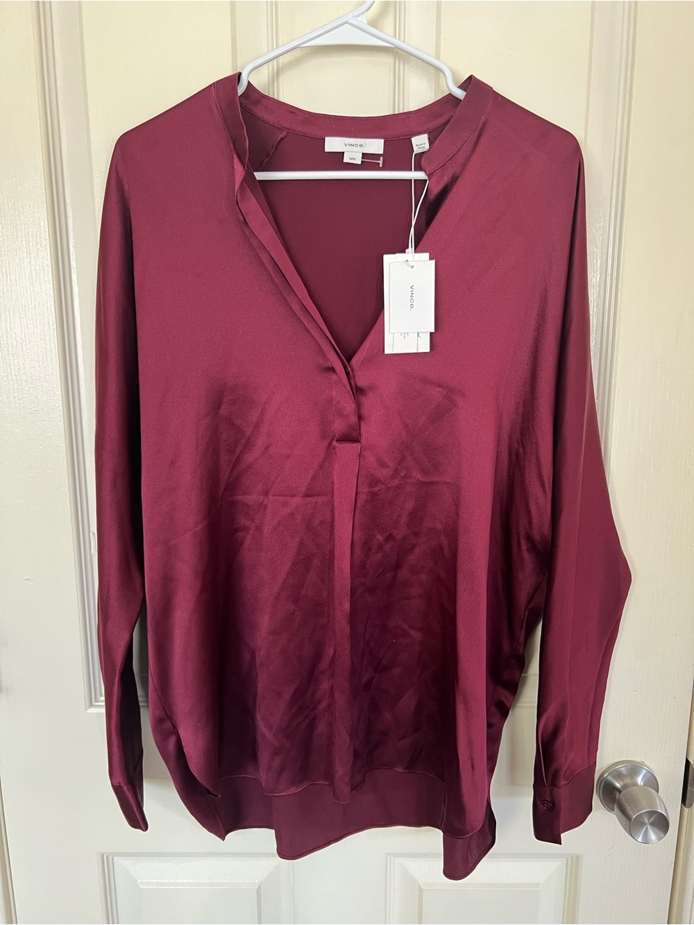 NWT Vince 100% Silk Burgundy Popover Blouse Tunic Top M $325